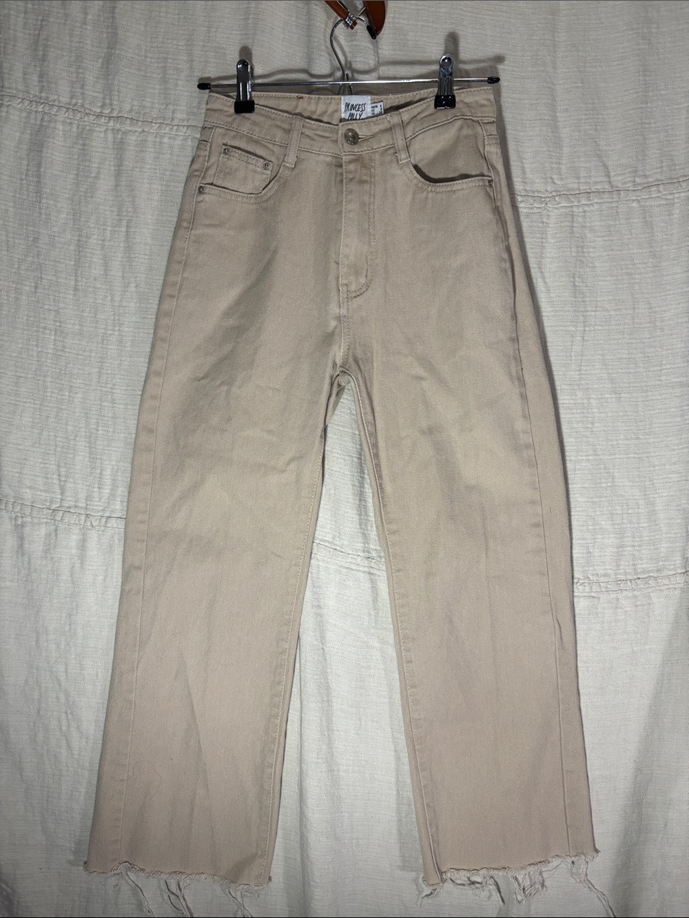 Princess Polly High Rise Straight Leg Jeans Tan Beige Raw Hem 100% Cotton Size 2